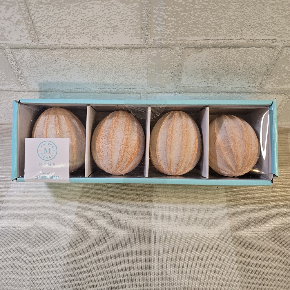 Martha Stewart Pink Carved Stripe Wood Decorative Easter Egg Set of 4 NEW